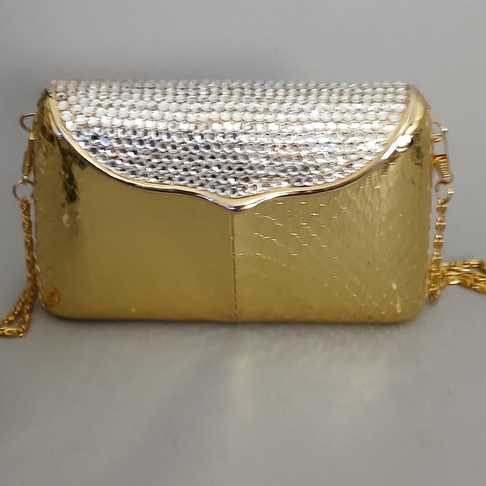 Vintage Metal Purse 6" x 4 " with Faux Diamond Rhinestones Long Chain Color gold